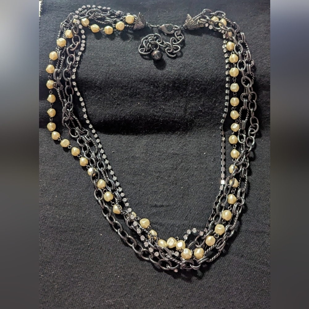 Gunmetal Black Cream Faux Pearl Clear Rhinestone Statement Waist Chain Belt
